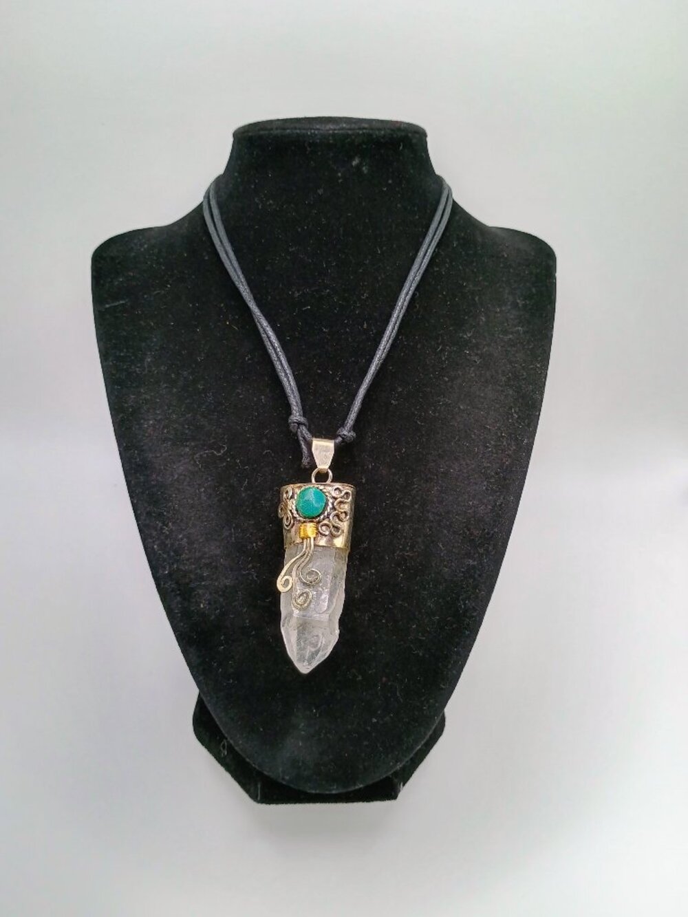 Handmade Necklace with Natural Crystal Quartz and Turquoise Inlay in Alpaca